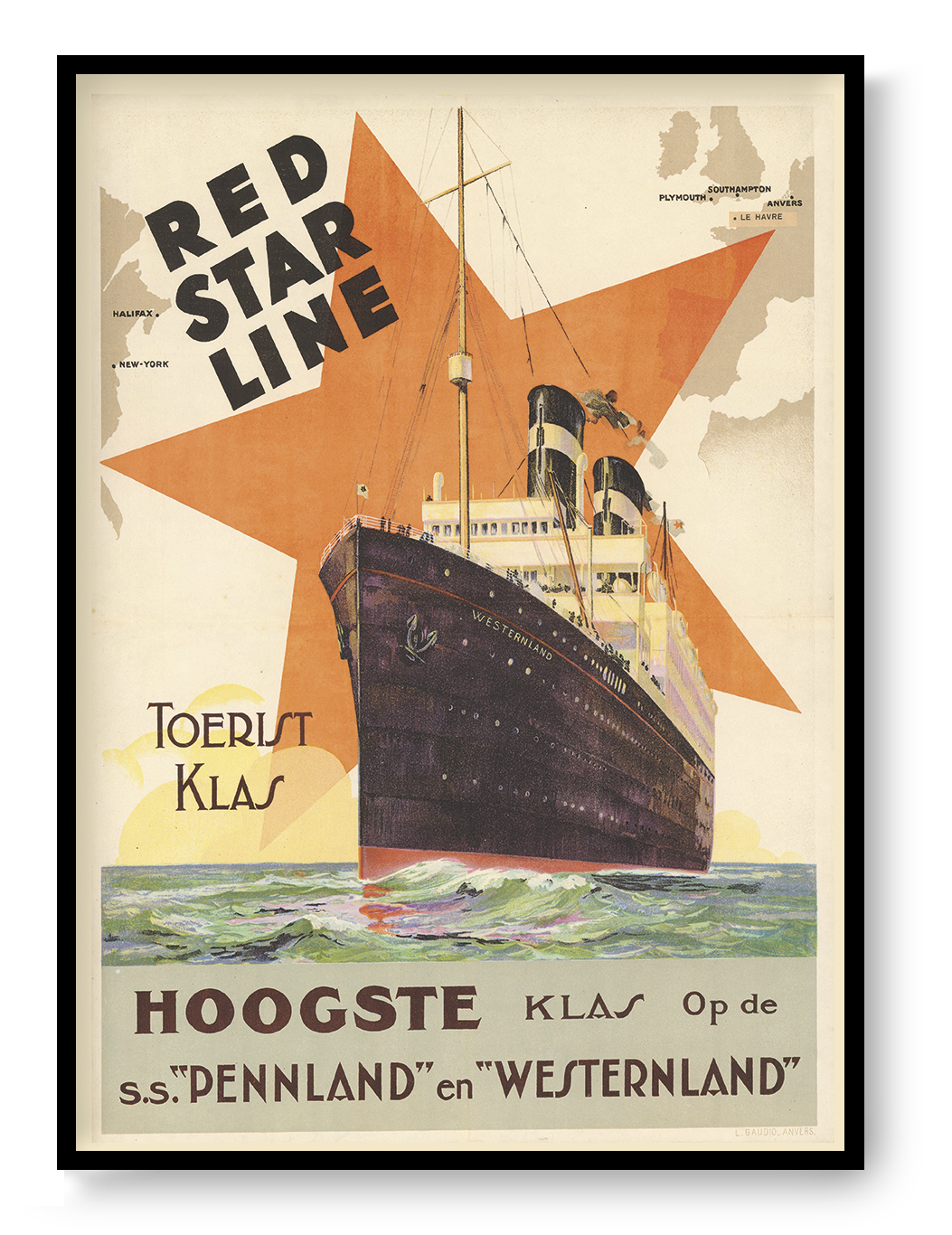 Vintage Red Star Line travel poster featuring the steamship Westernland against a large orange star, printed in portrait format as maritime wall art for classic and eclectic interiors.