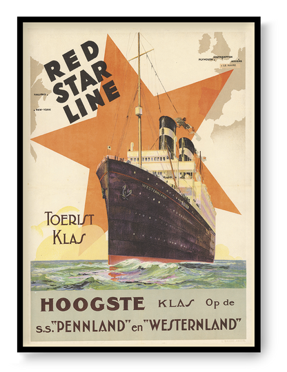 Vintage Red Star Line travel poster featuring the steamship Westernland against a large orange star, printed in portrait format as maritime wall art for classic and eclectic interiors.