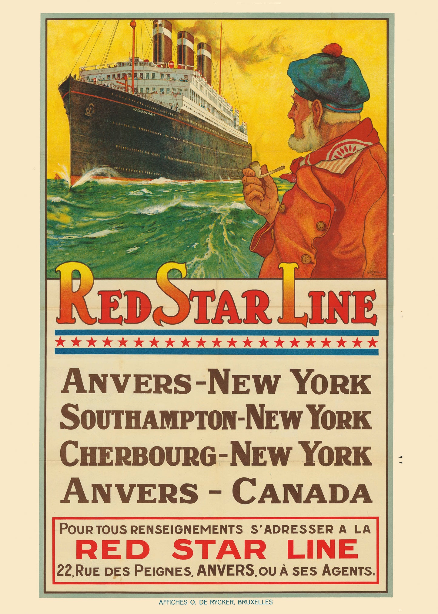 Vintage Red Star Line travel poster by Henri Cassiers featuring the ocean liner Belgenland, a sailor and Antwerp to New York routes in yellow, red and green, printed vertically as maritime wall art.