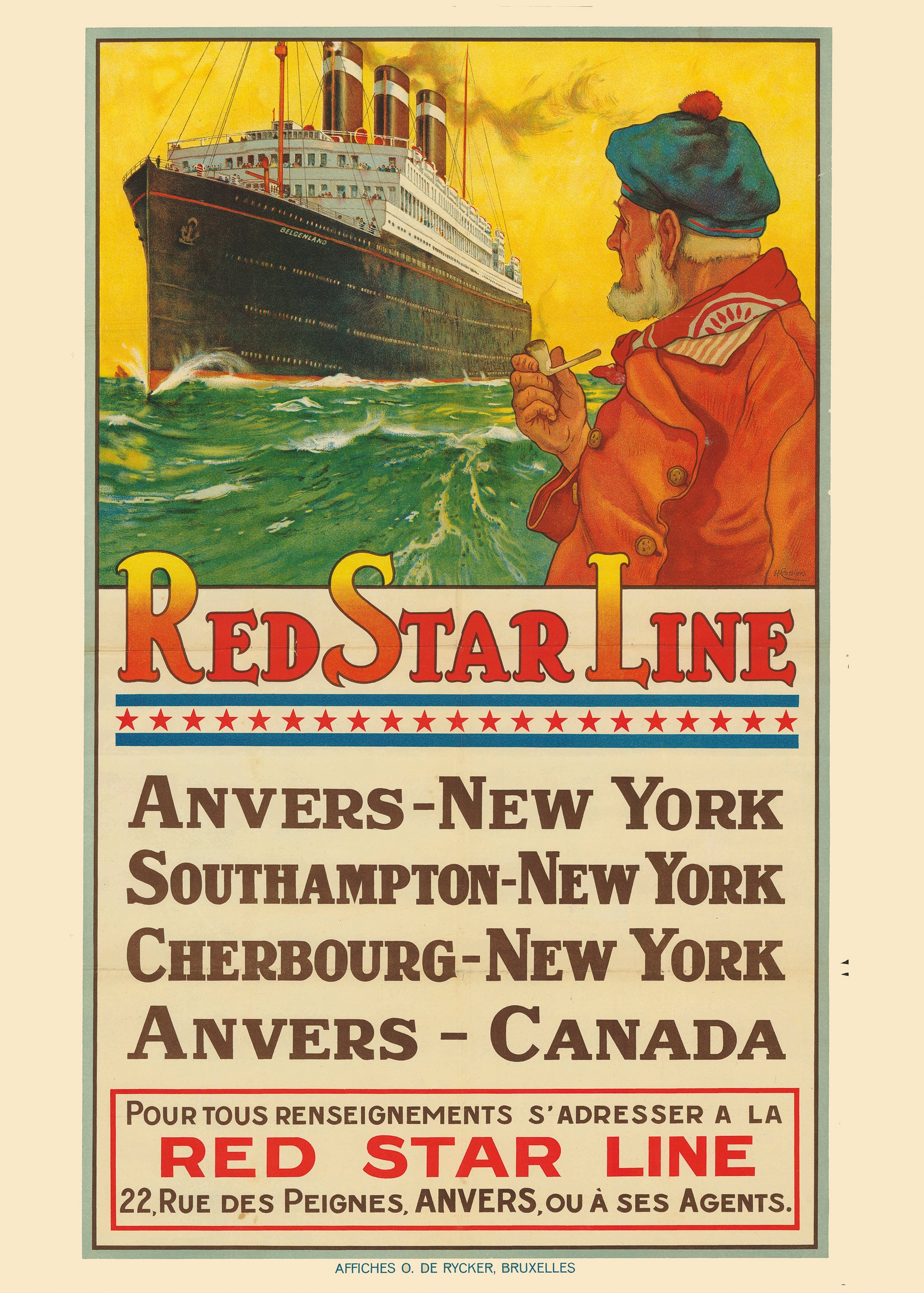 Vintage Red Star Line travel poster by Henri Cassiers featuring the ocean liner Belgenland, a sailor and Antwerp to New York routes in yellow, red and green, printed vertically as maritime wall art.