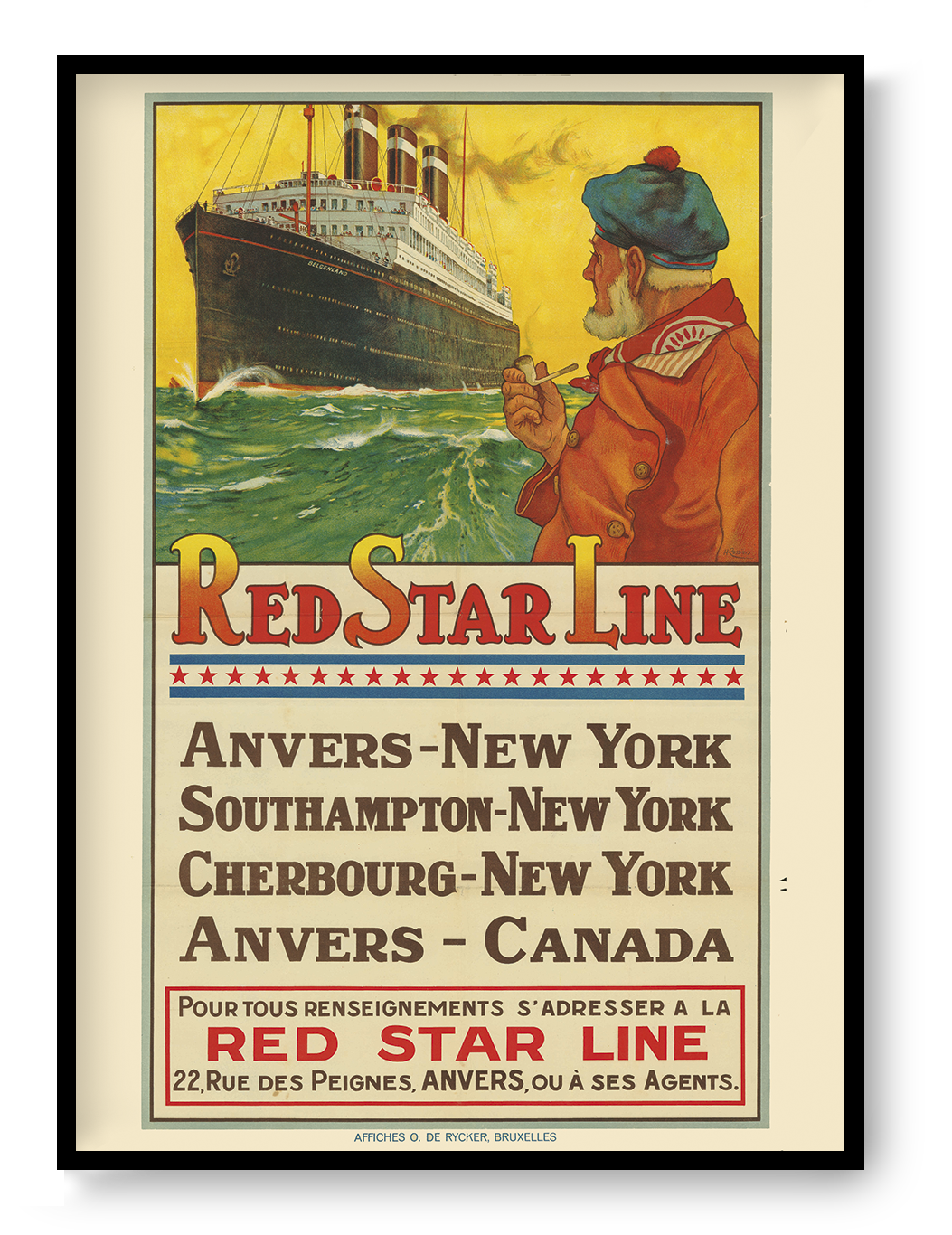 Vintage Red Star Line travel poster by Henri Cassiers featuring the ocean liner Belgenland, a sailor and Antwerp to New York routes in yellow, red and green, printed vertically as maritime wall art.