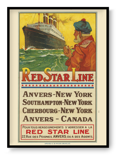 Vintage Red Star Line travel poster by Henri Cassiers featuring the ocean liner Belgenland, a sailor and Antwerp to New York routes in yellow, red and green, printed vertically as maritime wall art.
