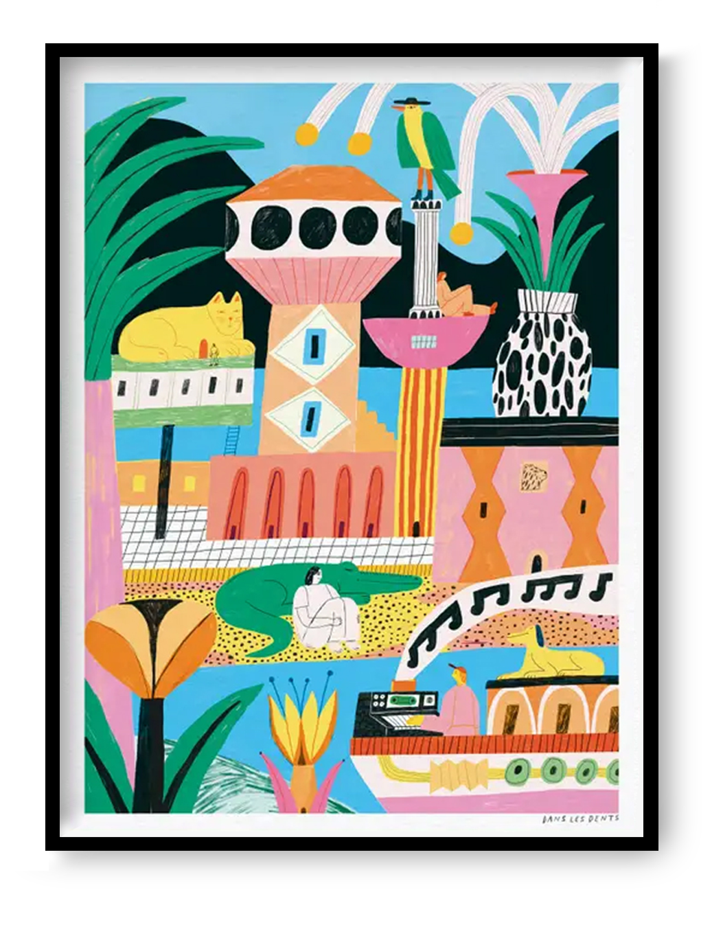 Colourful Refuge art print by Dans les Dents, a 30 x 40 cm surreal naive illustration with playful architecture, plants, animals, and bright decorative details.