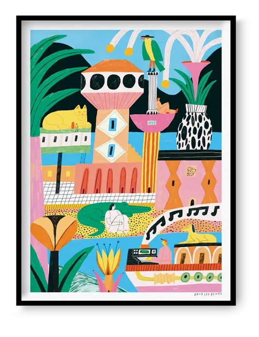Colourful Refuge art print by Dans les Dents, a 30 x 40 cm surreal naive illustration with playful architecture, plants, animals, and bright decorative details.