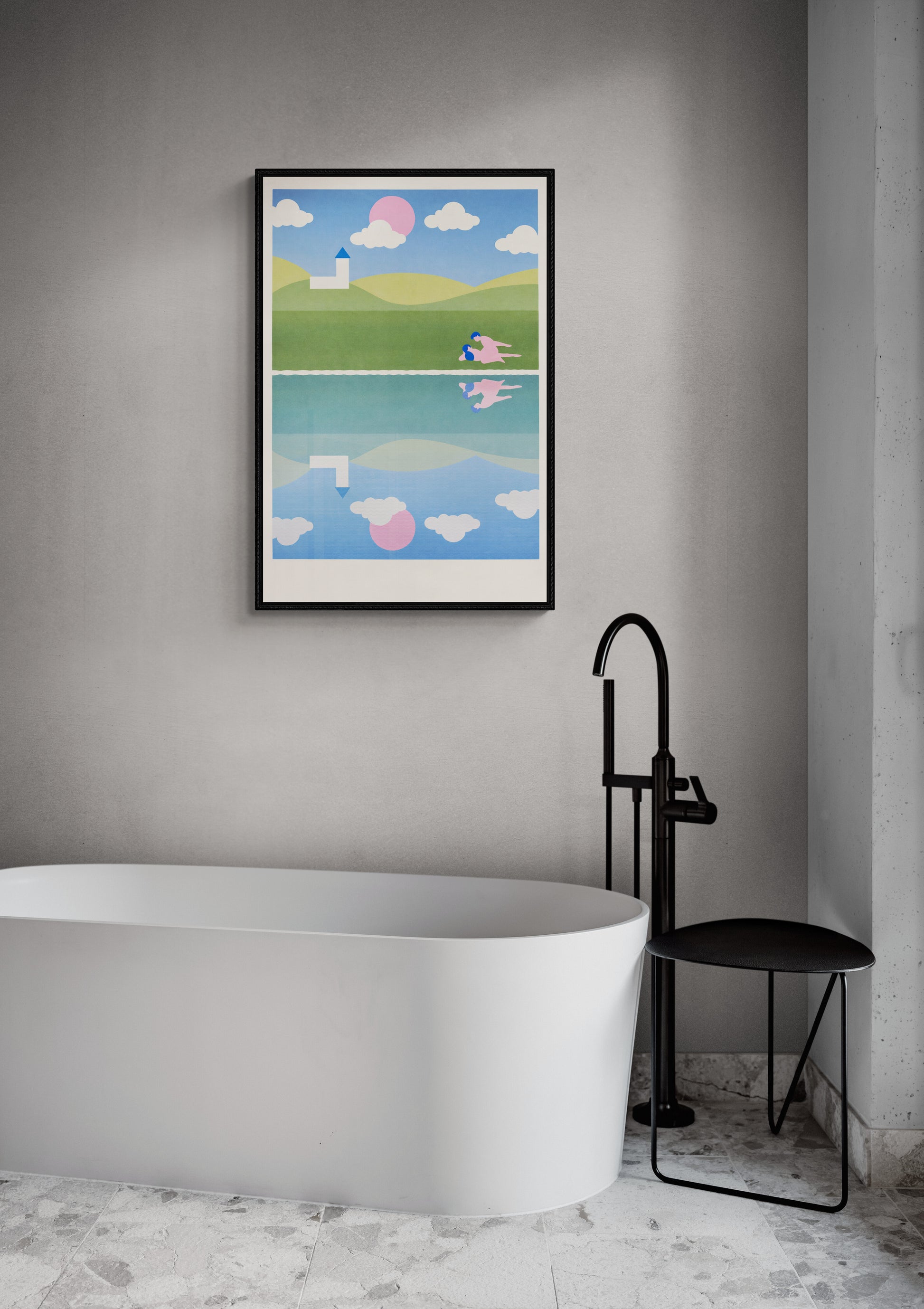 Risograph art print titled A peaceful town by Studio Stoutpoep, featuring a surreal countryside scene with rolling hills, a white church, and two nude figures in an intimate moment near a reflective lake. A2 size print in soft pastel colors, printed in Belgium with soy-based inks.