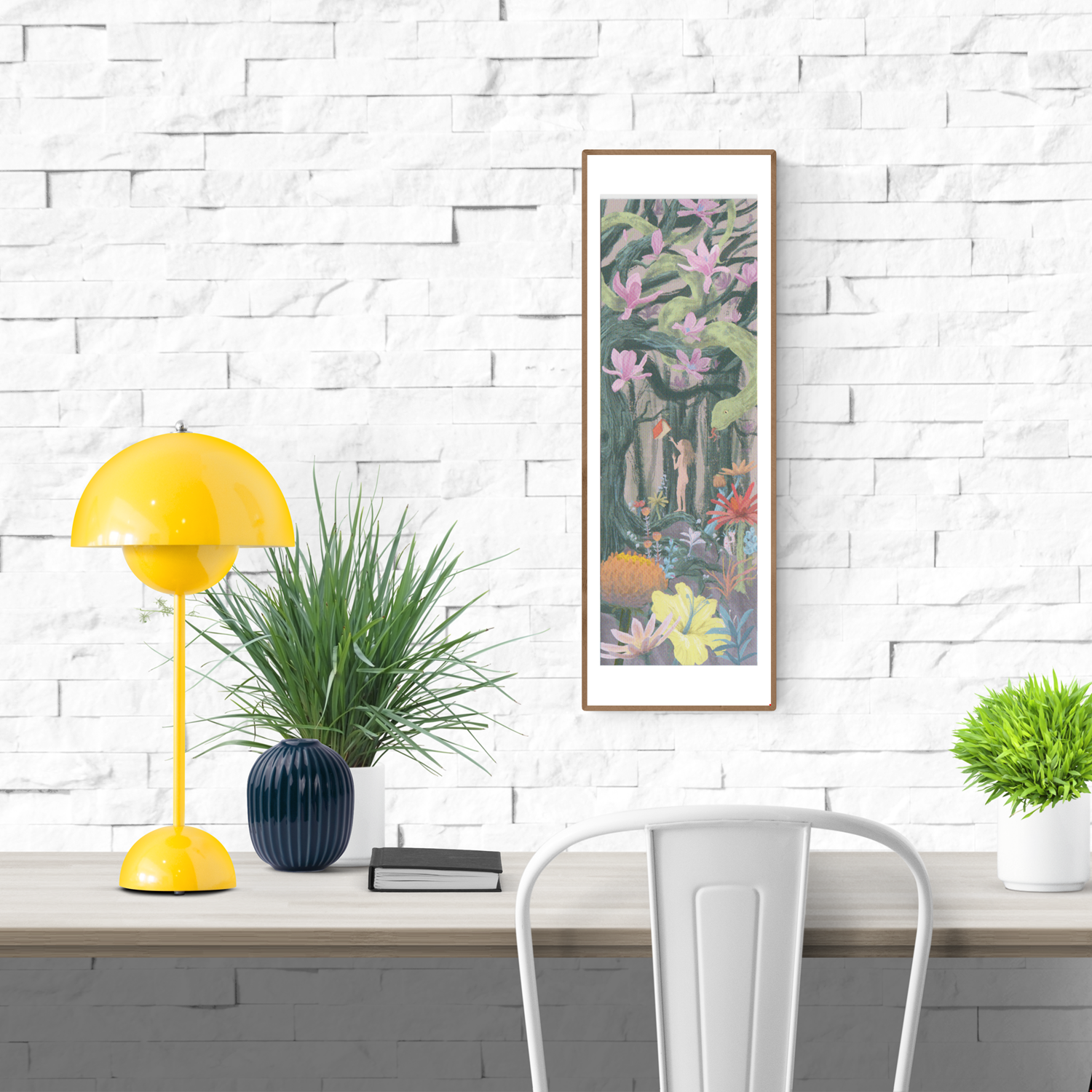 Religion giclée art print by Willy Leung in vertical format showing a symbolic forest scene with flowers, a snake, and a human figure, printed on fine art paper.