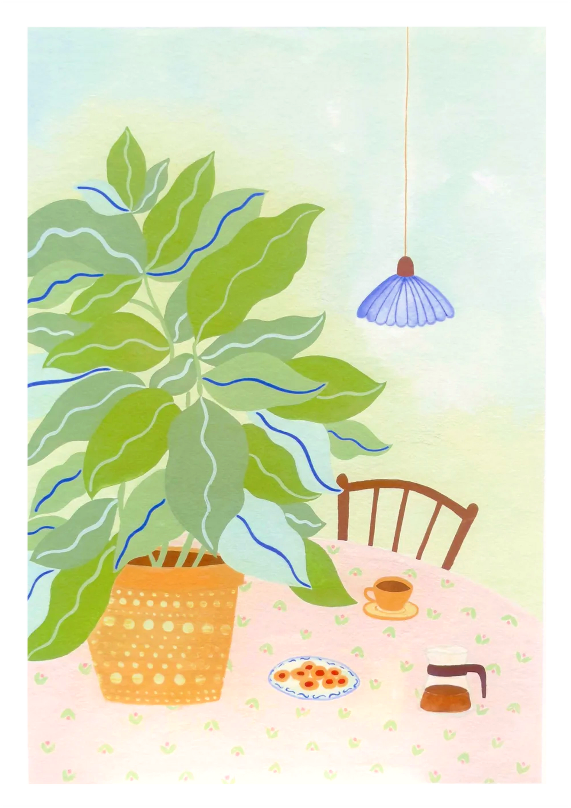 A3 illustration "Coffee Plant" by Leens showing a large leafy plant in a yellow pot, a table with a pink floral cloth, coffee cup, cookies, and carafe. Ideal for cozy kitchen or slow living decor.