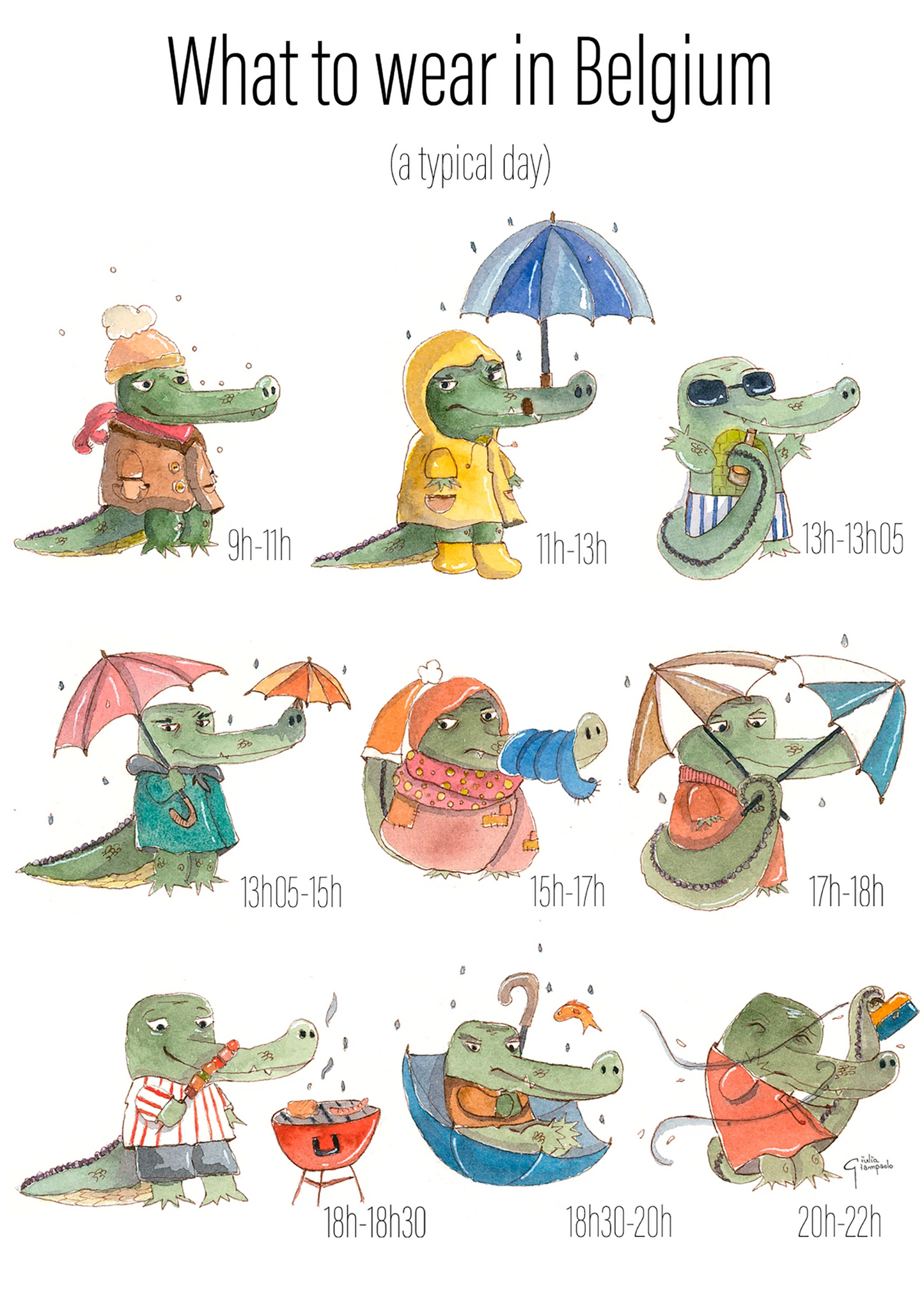 Whimsical watercolor illustration titled “Belgian Day” by Giu Watercolor, showing a crocodile character changing outfits throughout a rainy Belgian day, playful and humorous art print, A4 size, made in Belgium, contemporary European illustration for modern interiors.