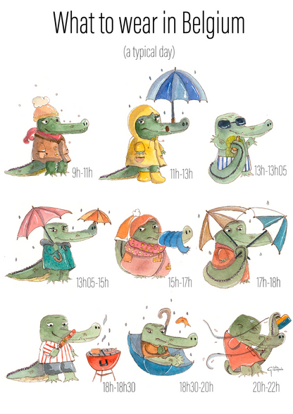Whimsical watercolor illustration titled “Belgian Day” by Giu Watercolor, showing a crocodile character changing outfits throughout a rainy Belgian day, playful and humorous art print, A4 size, made in Belgium, contemporary European illustration for modern interiors.