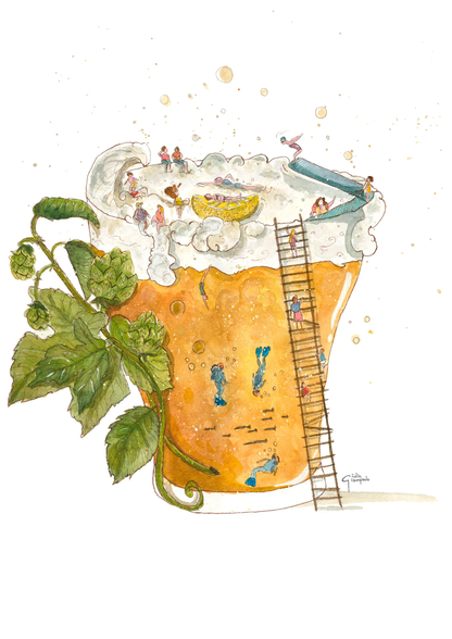 A4 art print of “Cerveza Party” by Giu, a playful watercolor-style illustration showing tiny people diving, sliding and relaxing inside a glass of beer with foam, hops and warm golden tones, printed on Modigliani Neve 320 gsm paper, contemporary illustration made in Belgium.