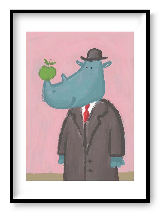 Surreal rhino illustration by Willy Leung featuring a blue rhinoceros in a formal suit and hat holding a green apple against a soft pink background, printed as an A4 archival giclée art print.
