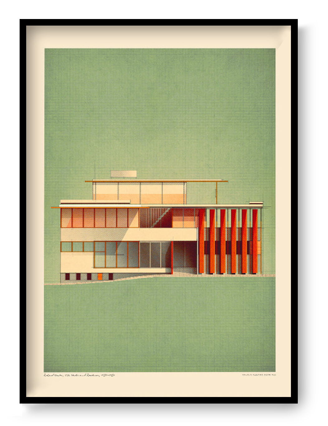 Richard Neutra VDL Studio architectural art print by Studio Sander Patelski featuring a modernist 1930s house with geometric lines, warm orange accents, and a soft green textured background, printed in a vintage-inspired mid-century modern style.