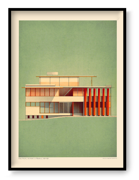 Richard Neutra VDL Studio architectural art print by Studio Sander Patelski featuring a modernist 1930s house with geometric lines, warm orange accents, and a soft green textured background, printed in a vintage-inspired mid-century modern style.