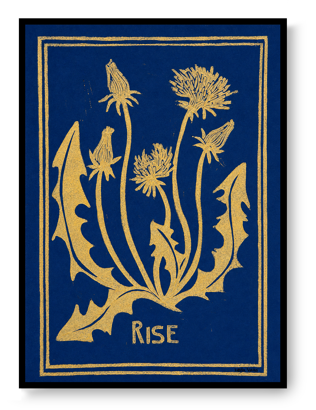Blue and yellow handmade linocut print titled Rise by Belgian artist Leda Vaes featuring abstract dandelion flowers and organic botanical shapes on textured paper in A4 format.