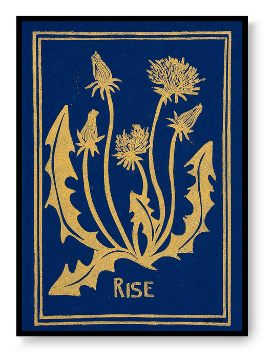 Blue and yellow handmade linocut print titled Rise by Belgian artist Leda Vaes featuring abstract dandelion flowers and organic botanical shapes on textured paper in A4 format.