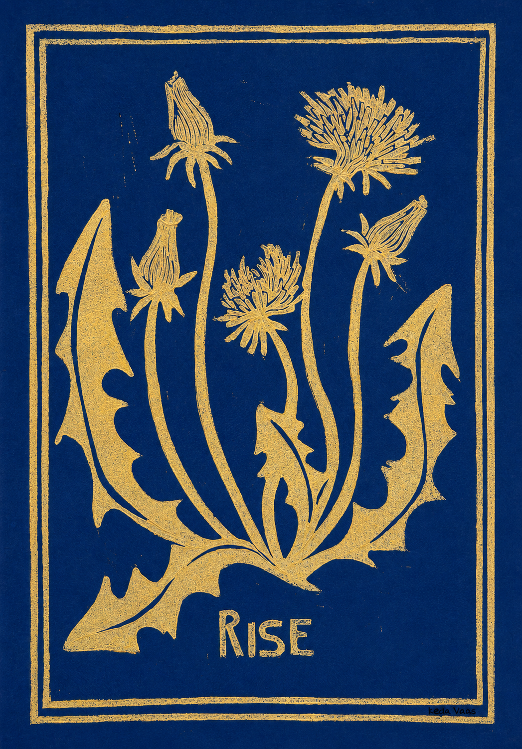 Blue and yellow handmade linocut print titled Rise by Belgian artist Leda Vaes featuring abstract dandelion flowers and organic botanical shapes on textured paper in A4 format.
