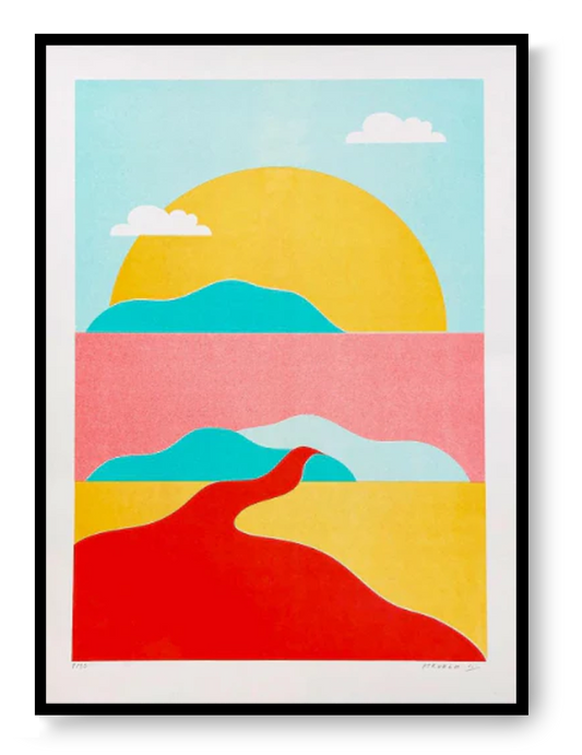 River Landscape Pastel limited A3 risograph art print by PTRVRKD featuring abstract hills, sun, and flowing river shapes in soft pastel colors, signed and numbered edition.