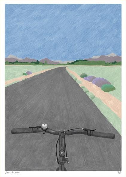 A3 limited edition risograph print titled “Sans les mains” by Belgian illustrator Téo Transinne, showing a calm road seen from a bicycle perspective, printed in three soft colours on Munken Print White paper, numbered and signed contemporary illustration.