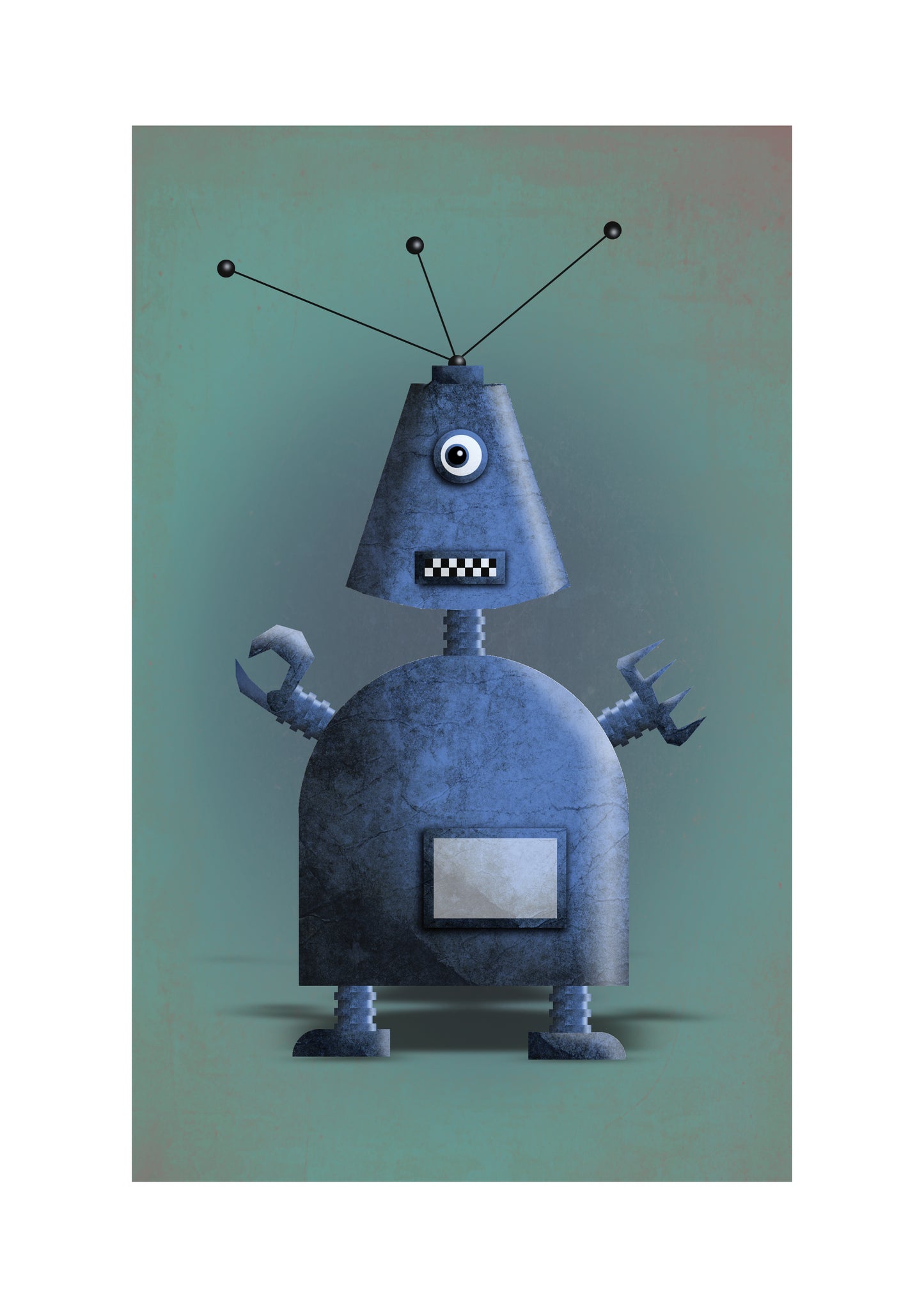 Blue Robot by Studio Frits – whimsical retro-style robot illustration with antennas and claw hands, digital art print for kids’ rooms or modern decor, available at Galerie Frits