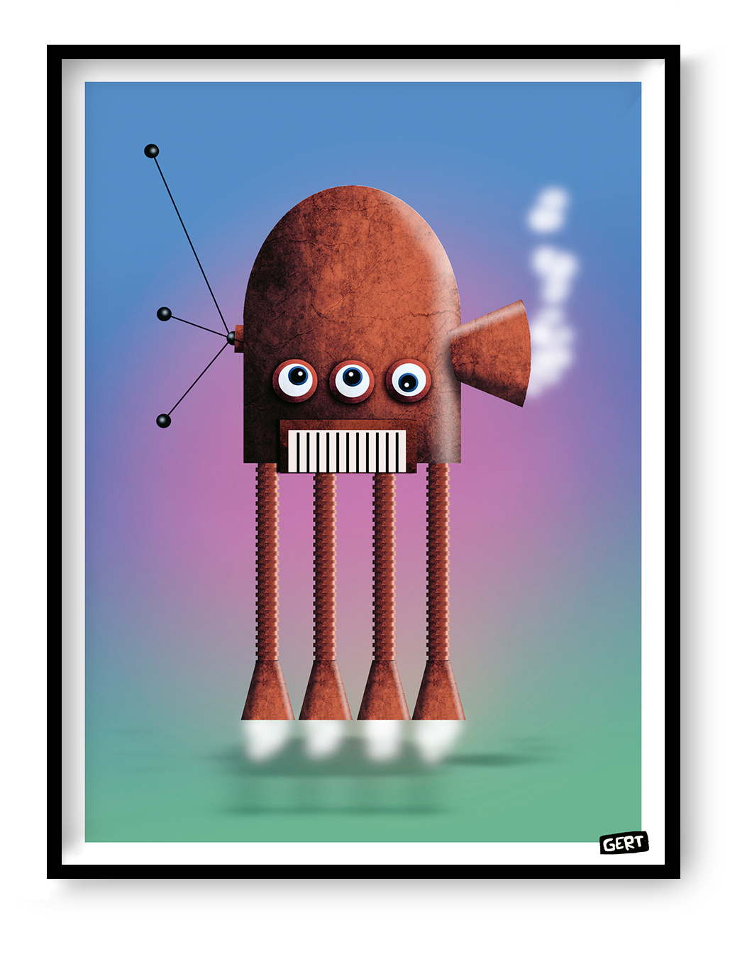 Robot 2 by Gert Paenen digital art print featuring a whimsical flying robot with three eyes, rocket legs, and a textured metallic body against a colorful gradient background. Contemporary sci-fi wall art for modern interiors and creative spaces.
