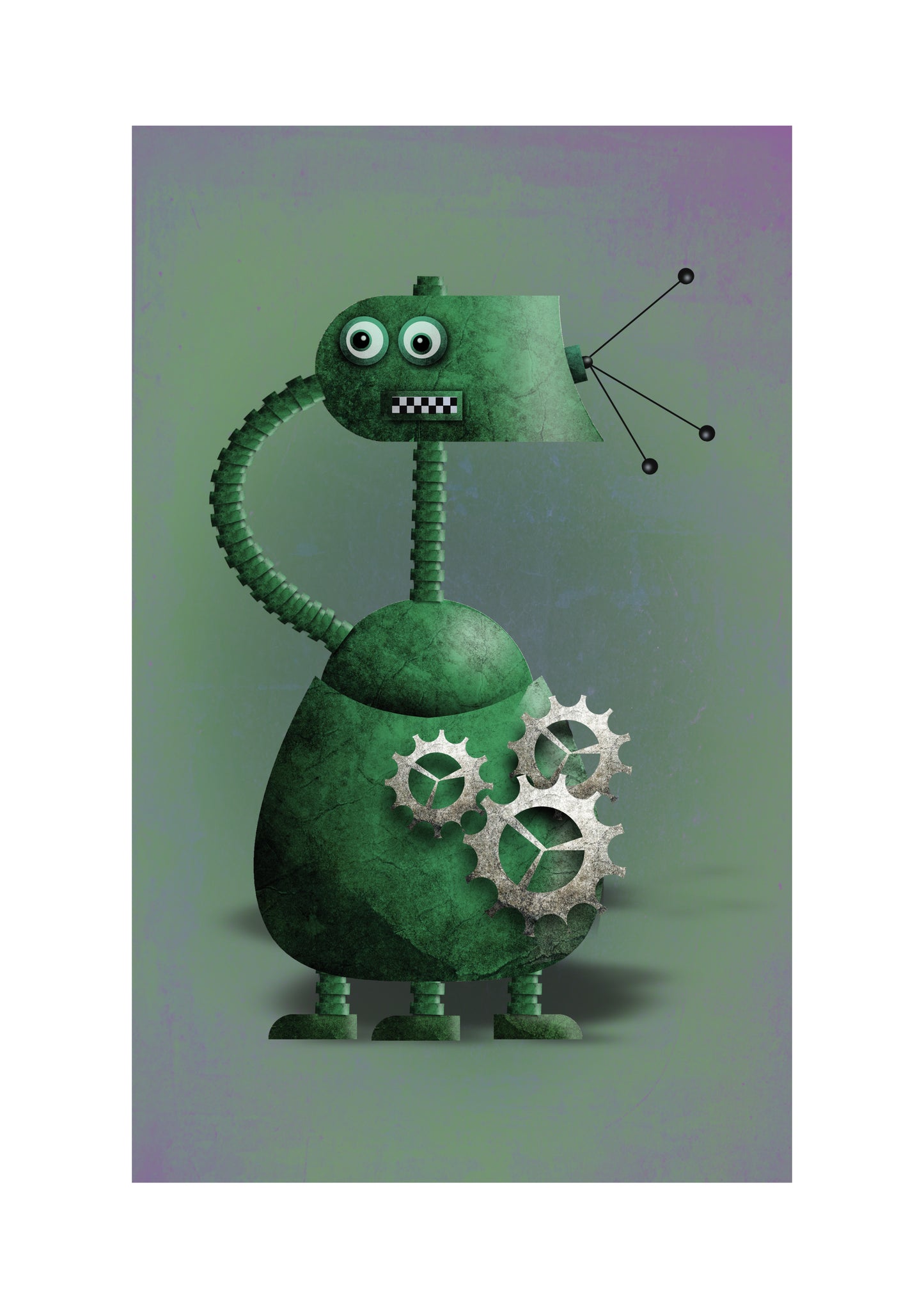 Playful green robot illustration by Studio Frits – A4 retro sci-fi art print with gears and antennas on 300g paper, perfect for kids' rooms and tech-themed decor