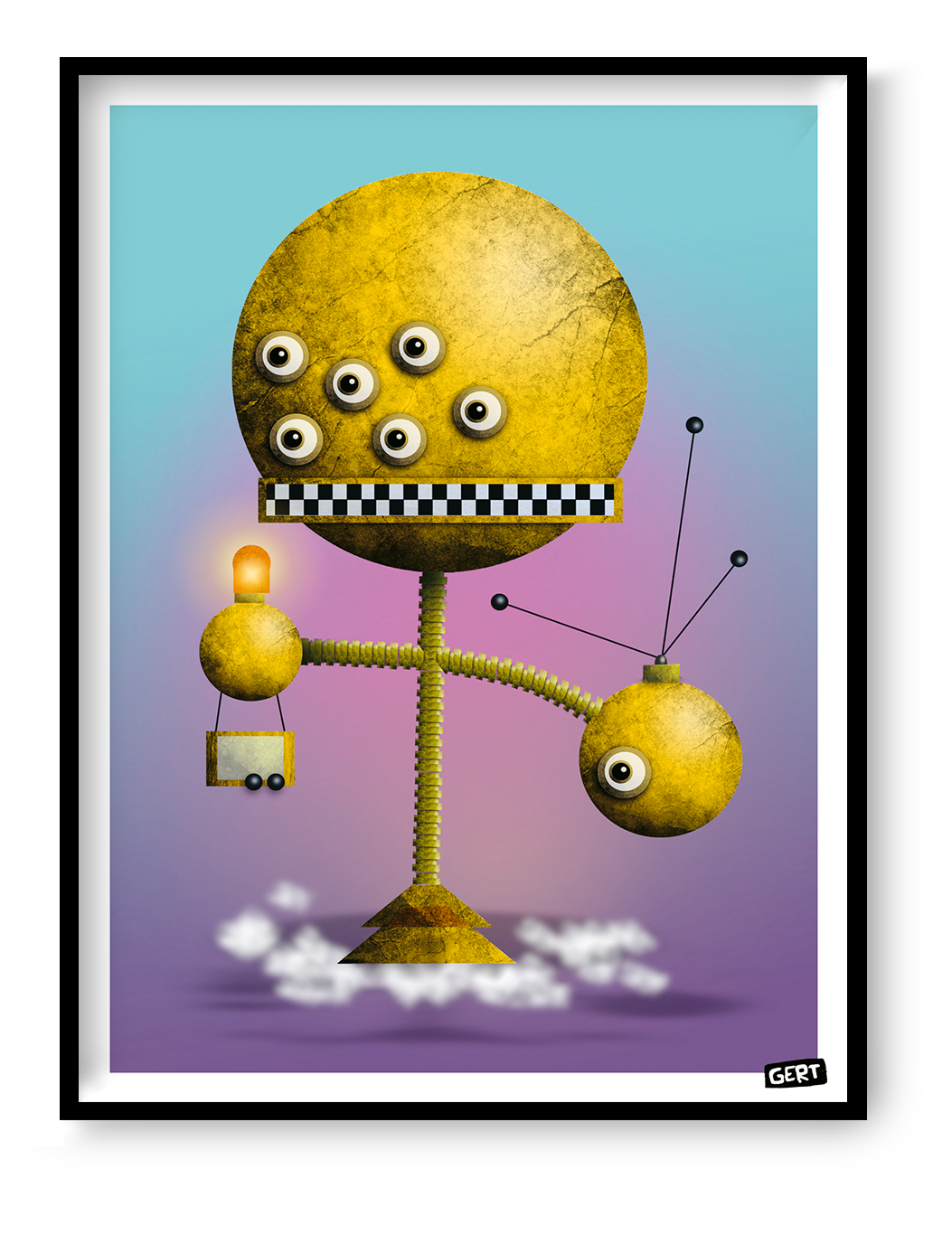 Robot 4 by Gert Paenen, colorful digital art print featuring a whimsical yellow robot character with multiple eyes, geometric shapes, and playful futuristic design on a pastel gradient background, contemporary wall art for modern interiors.