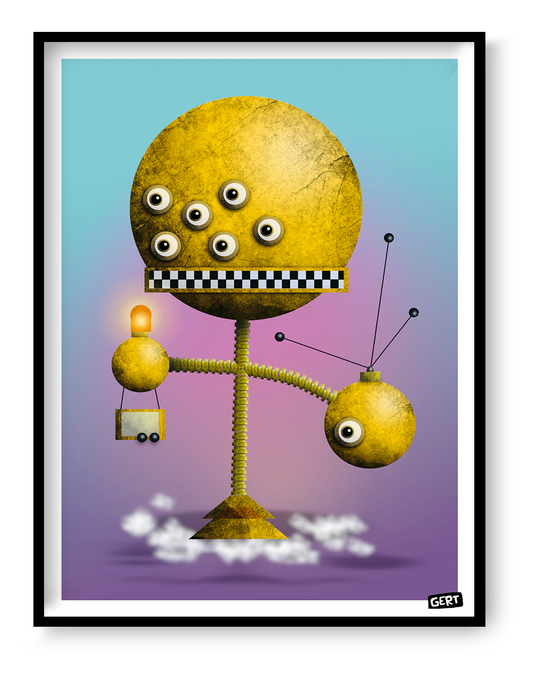 Robot 4 by Gert Paenen, colorful digital art print featuring a whimsical yellow robot character with multiple eyes, geometric shapes, and playful futuristic design on a pastel gradient background, contemporary wall art for modern interiors.