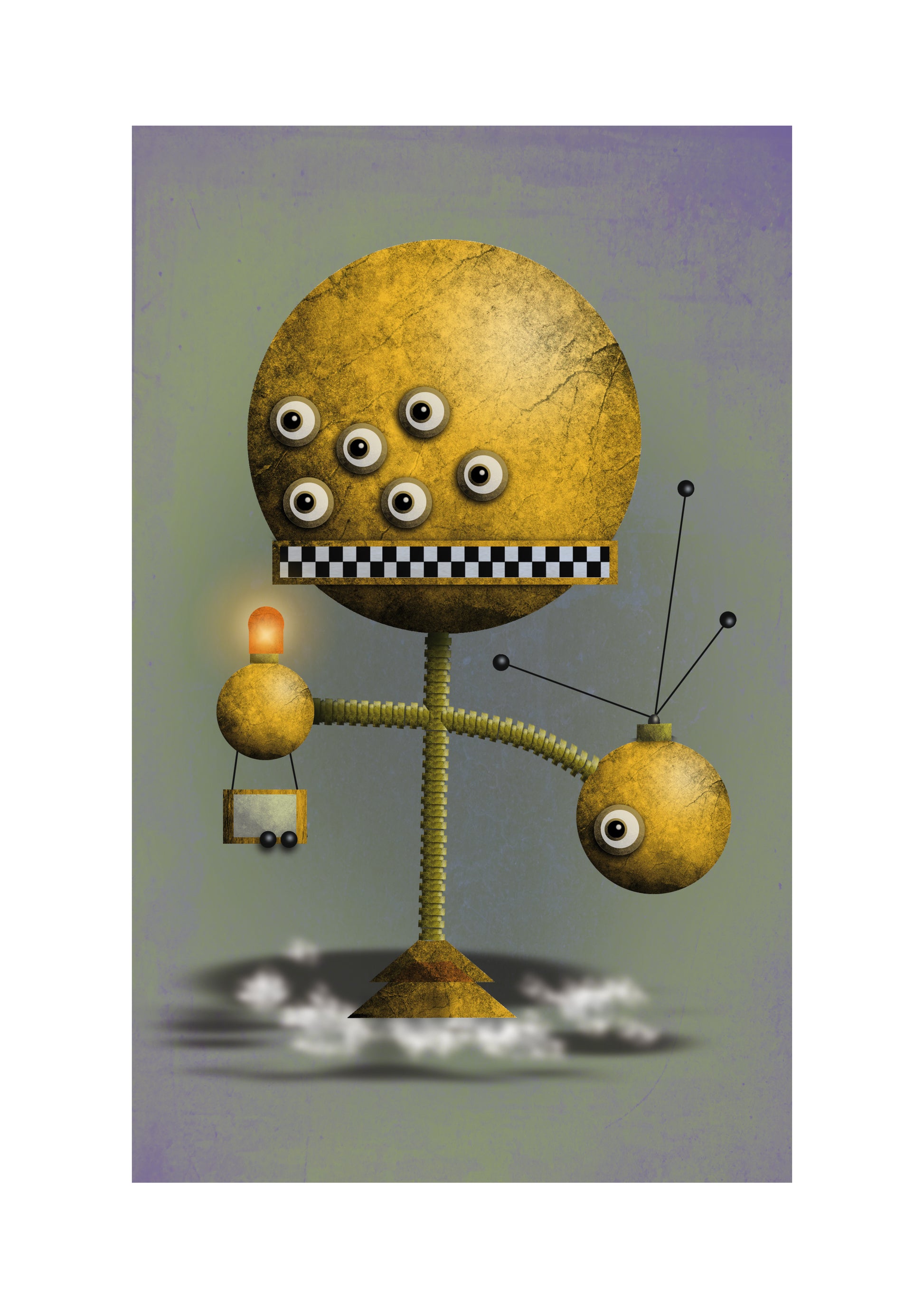 Yellow Robot retro futuristic illustration by Gert Paenen showing a quirky golden mechanical character with multiple eyes and geometric shapes in a surreal sci-fi design art print