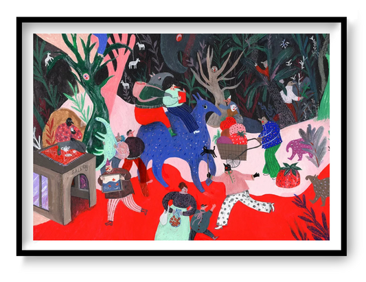 Digital art print "Rode Galerij" by Belgian illustrator Louise de Meester, featuring a bold red-toned scene with whimsical details and layered textures. Ideal for colorful and contemporary home decor.