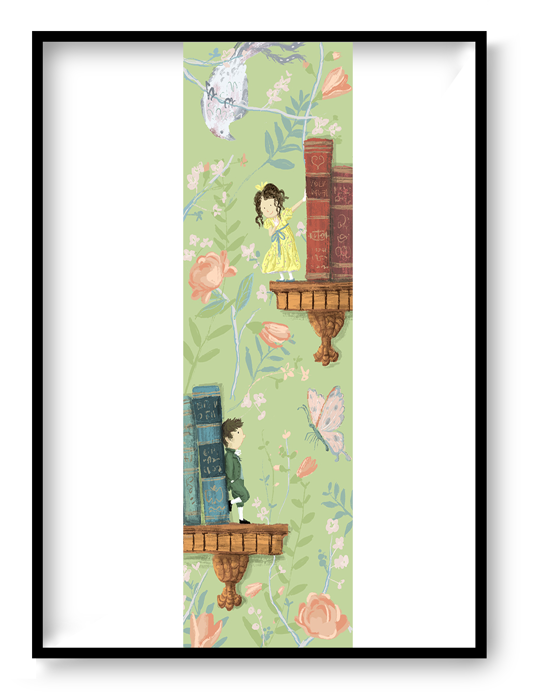 Romance giclée art print by Willy Leung in vertical format featuring a poetic illustrated scene with books, flowers, and soft pastel tones, printed on fine art paper.