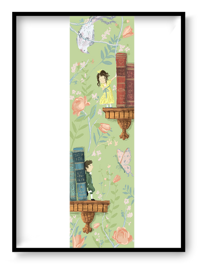 Romance giclée art print by Willy Leung in vertical format featuring a poetic illustrated scene with books, flowers, and soft pastel tones, printed on fine art paper.