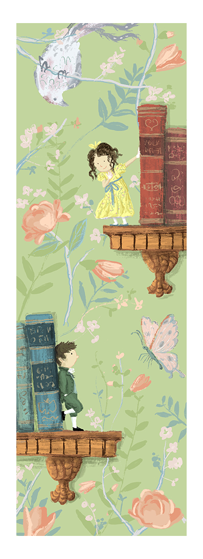 Romance giclée art print by Willy Leung in vertical format featuring a poetic illustrated scene with books, flowers, and soft pastel tones, printed on fine art paper.