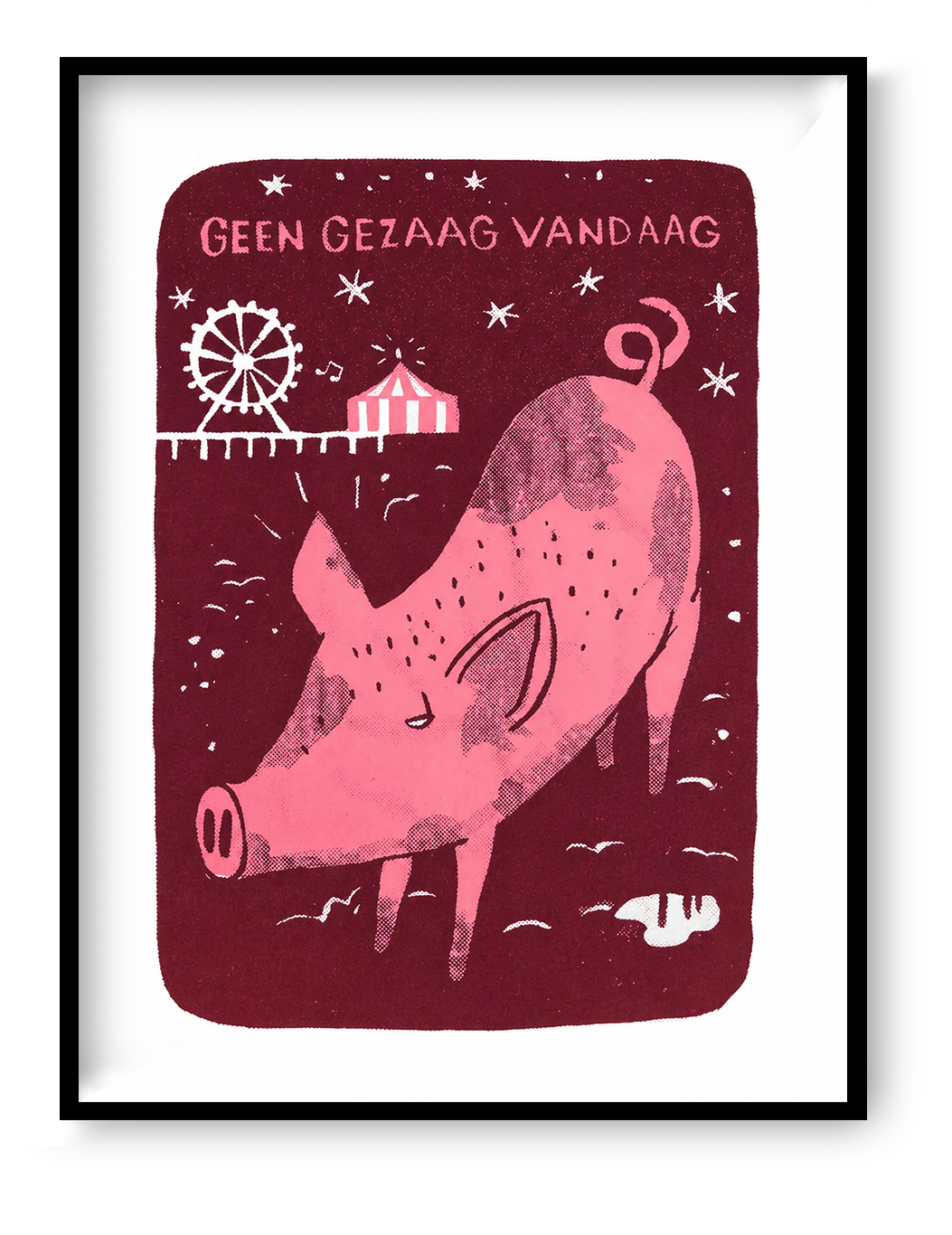 Pink pig walking at night near a small fairground in a whimsical red landscape, humorous 2-colour screen print by Dennis Dellaert, playful limited edition wall art for modern home decor