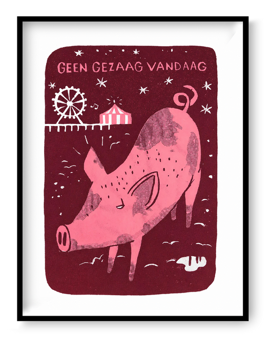 Pink pig walking at night near a small fairground in a whimsical red landscape, humorous 2-colour screen print by Dennis Dellaert, playful limited edition wall art for modern home decor