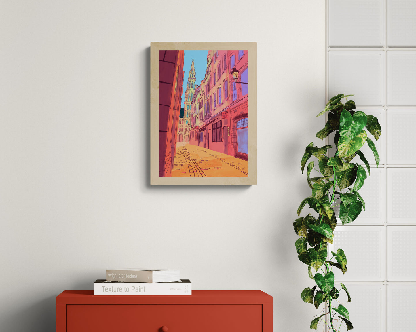 colorful Brussels street illustration with warm sunlight and historic buildings leading toward Grand Place vibrant European city wall art print