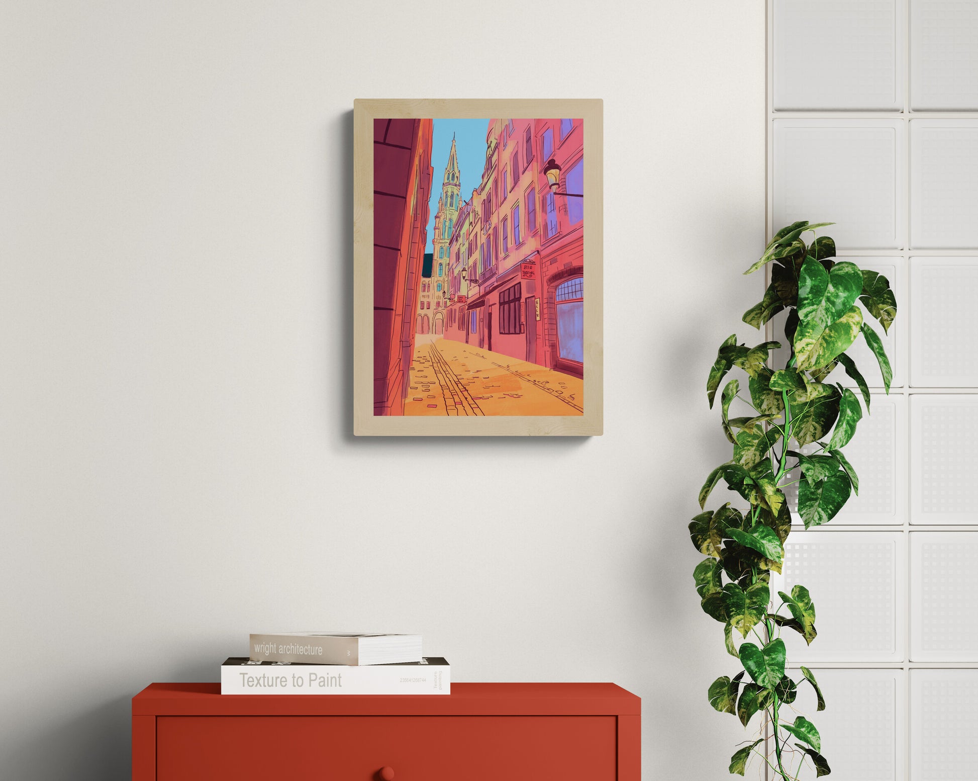 colorful Brussels street illustration with warm sunlight and historic buildings leading toward Grand Place vibrant European city wall art print