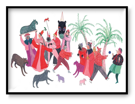 Digital art print "Roze aanbidding der snoetbeesten" by Belgian illustrator Louise de Meester, featuring a lively group of colorful, whimsical animals in pink, red, and green tones. Perfect for playful home decor and contemporary illustration collectors.