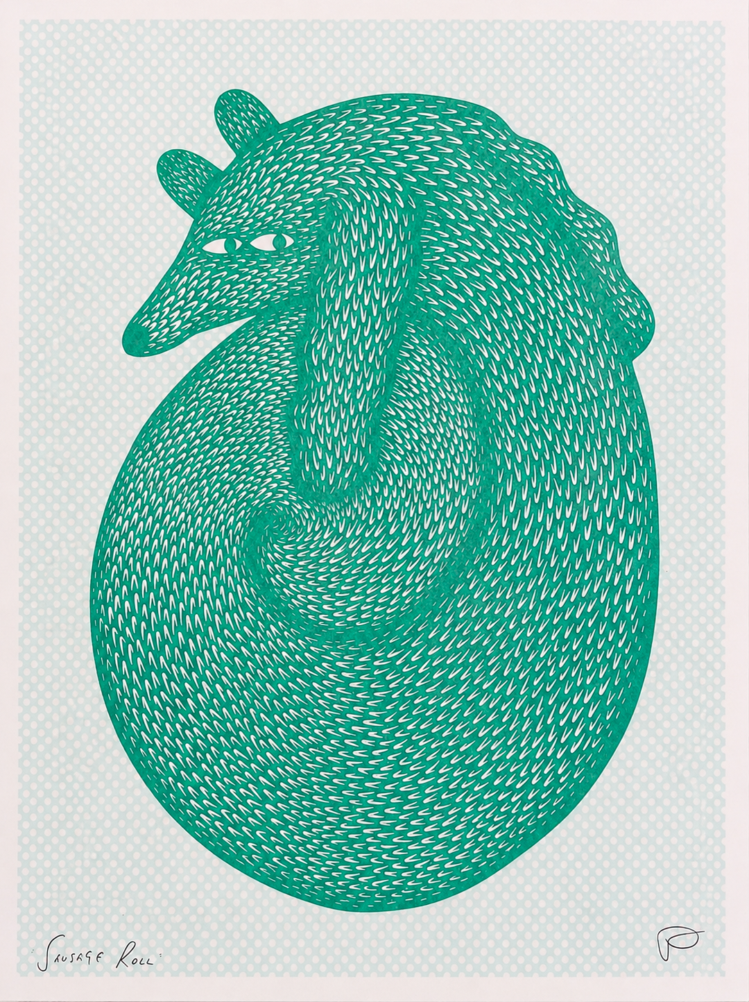 Green risograph illustration of a curled-up fantasy animal with dense hand-cut fur textures and a pale mint dotted background, portrait A3 wall art for playful contemporary interiors.