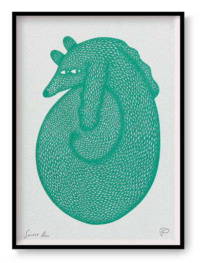 Green risograph illustration of a curled-up fantasy animal with dense hand-cut fur textures and a pale mint dotted background, portrait A3 wall art for playful contemporary interiors.