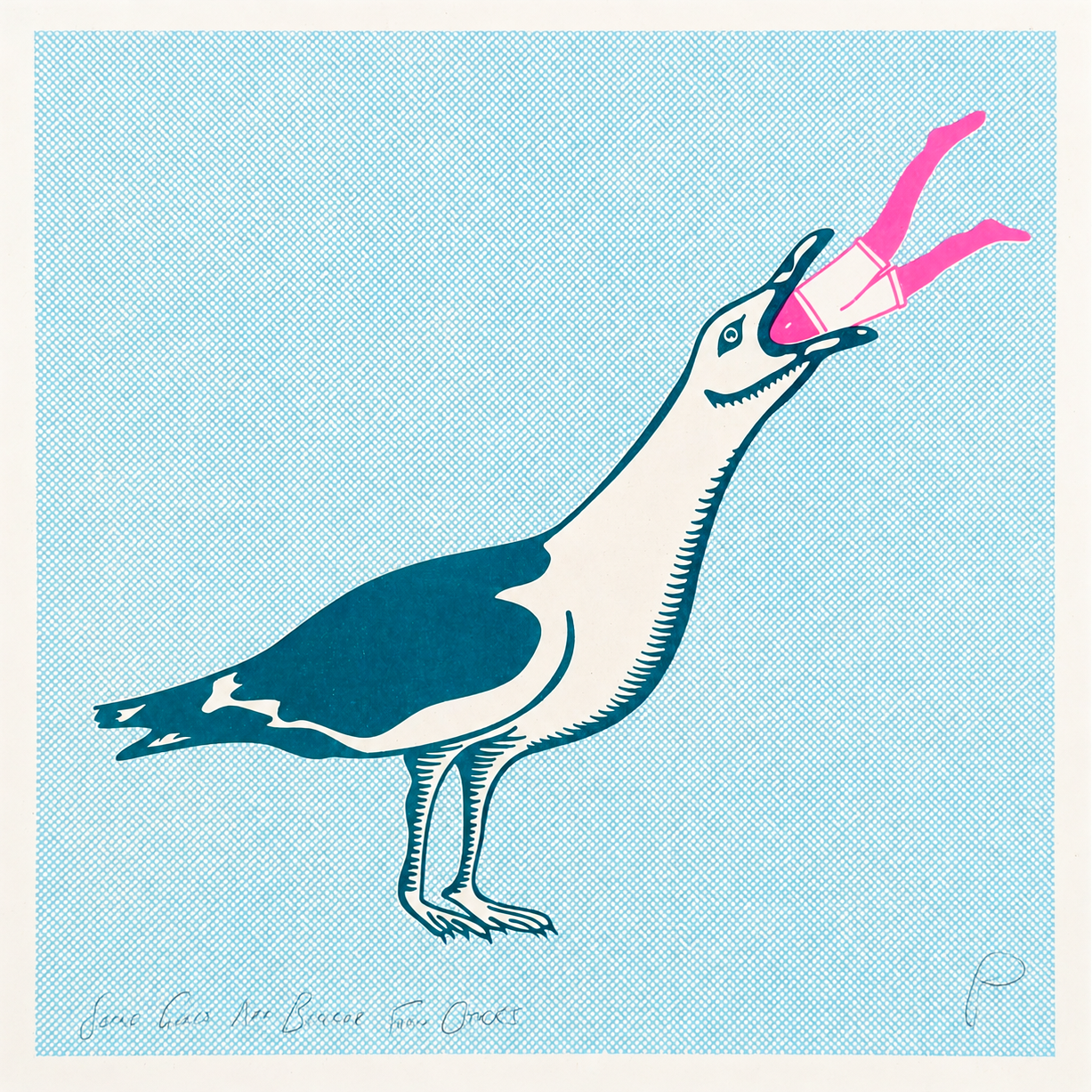 Square risograph print by Strangford showing an oversized teal and cream seagull swallowing a tiny pink swimmer against a pale blue dotted background, playful contemporary wall art for eclectic interiors.