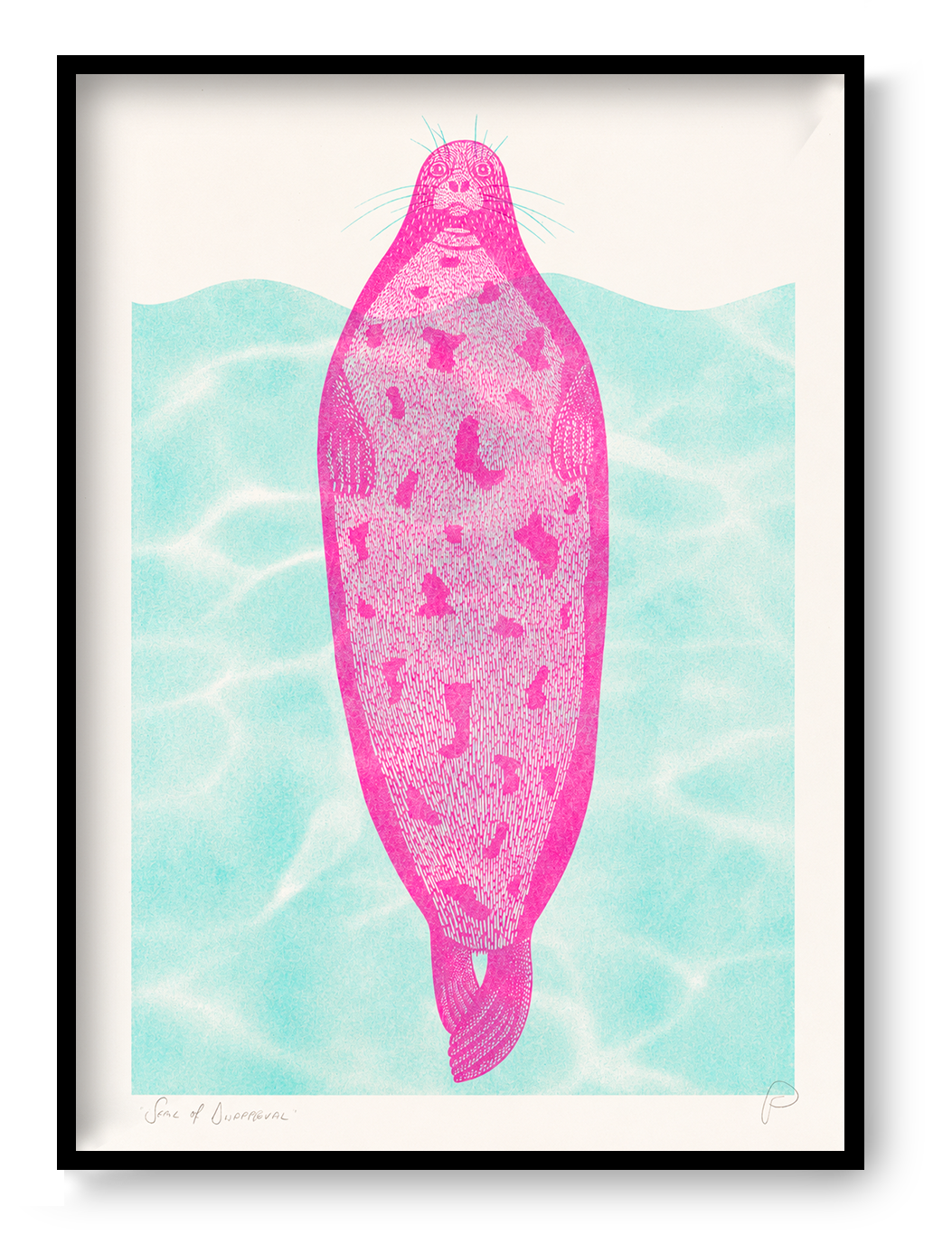 Pink seal floating against turquoise water in a playful contemporary risograph style, printed in portrait A3 format. Colourful humorous wall art for kitchens, offices and modern interiors.