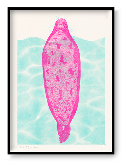 Pink seal floating against turquoise water in a playful contemporary risograph style, printed in portrait A3 format. Colourful humorous wall art for kitchens, offices and modern interiors.