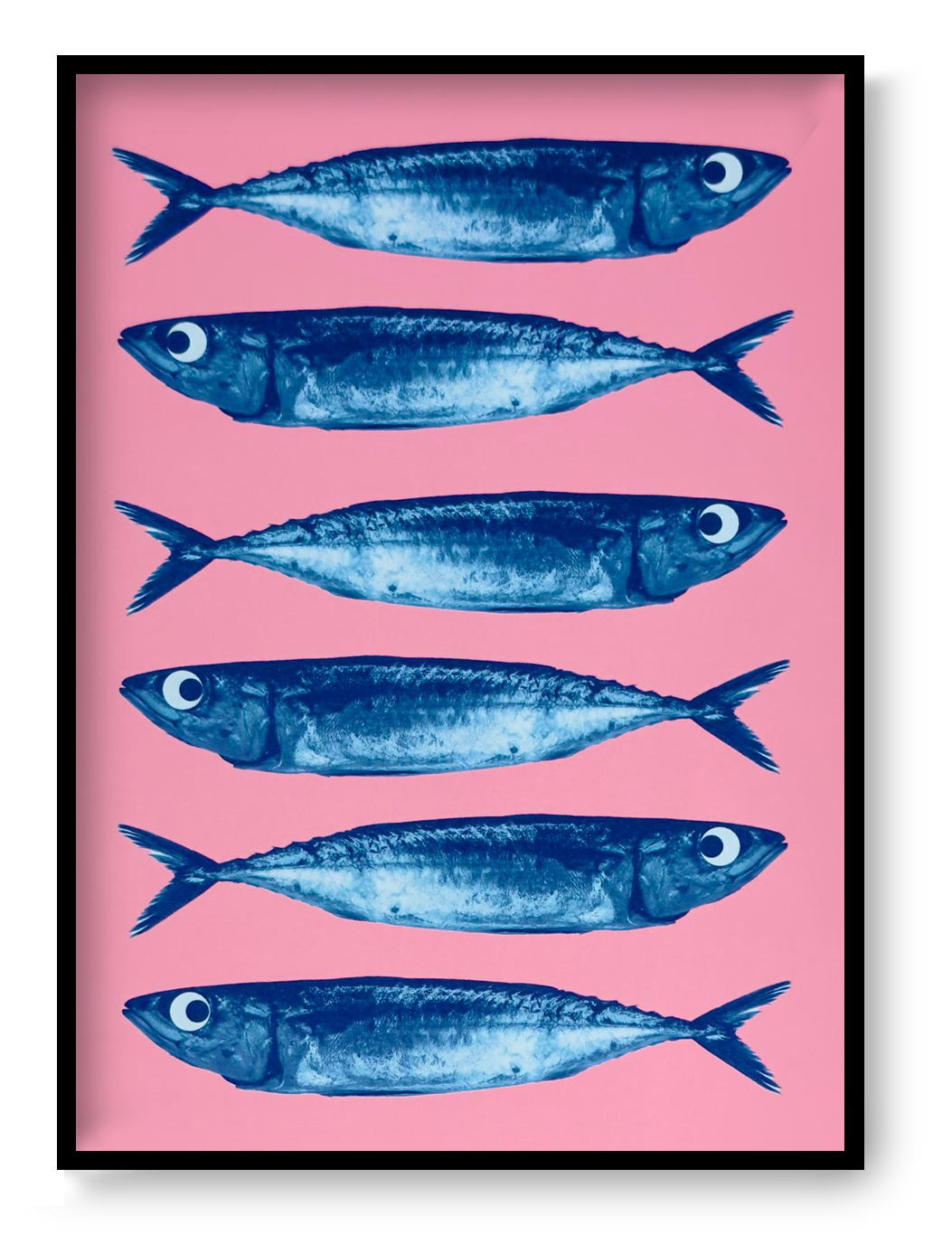 Sardines art print by PTRVRKD, blue fish on pink background, pop art seafood illustration A5, modern graphic wall art.