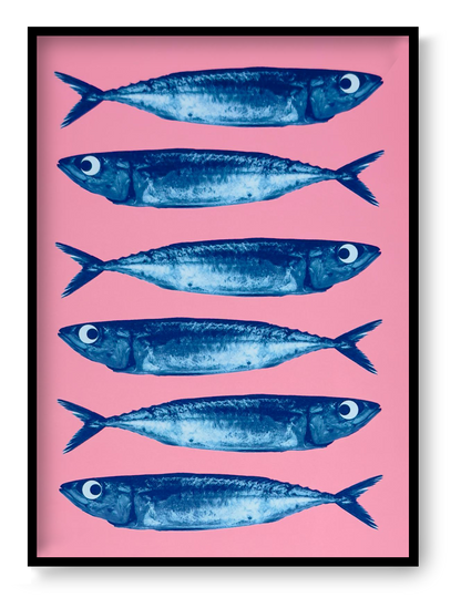 Sardines art print by PTRVRKD, blue fish on pink background, pop art seafood illustration A5, modern graphic wall art.