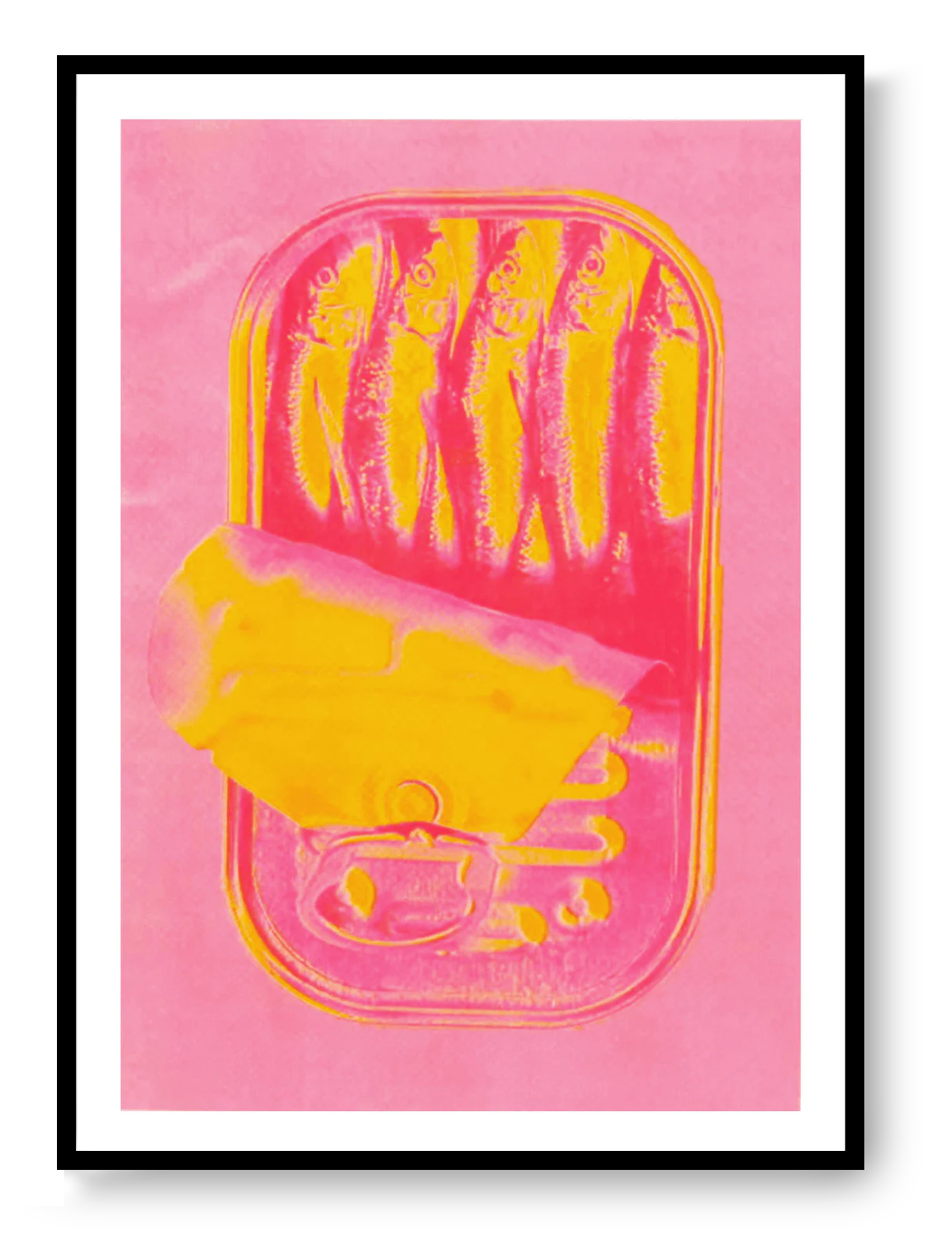Neon pink and yellow sardines can risograph print by PTRVRKD, pop art wall print available in A4 and A3, modern graphic illustration from Galerie Frits