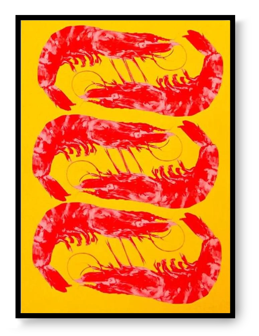 Red shrimp pop art illustration by PTRVRKD, A5 food art print with bold yellow background, modern graphic wall art from Galerie Frits