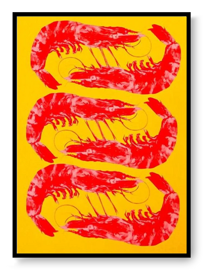 Red shrimp pop art illustration by PTRVRKD, A5 food art print with bold yellow background, modern graphic wall art from Galerie Frits