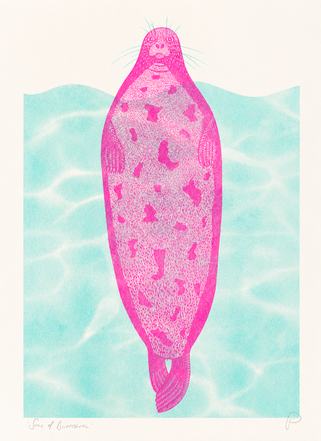 Pink seal floating against turquoise water in a playful contemporary risograph style, printed in portrait A3 format. Colourful humorous wall art for kitchens, offices and modern interiors.