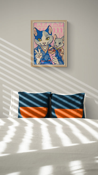 Playful pop-style illustration by Yeaaah! Studio featuring a stylish anthropomorphic cat and mouse in traditional Japanese kimonos, enjoying crepes and posing for a selfie in a colorful Harajuku street scene. A vibrant fusion of kawaii culture and retro comic art—perfect for fans of Japan-inspired, quirky wall decor