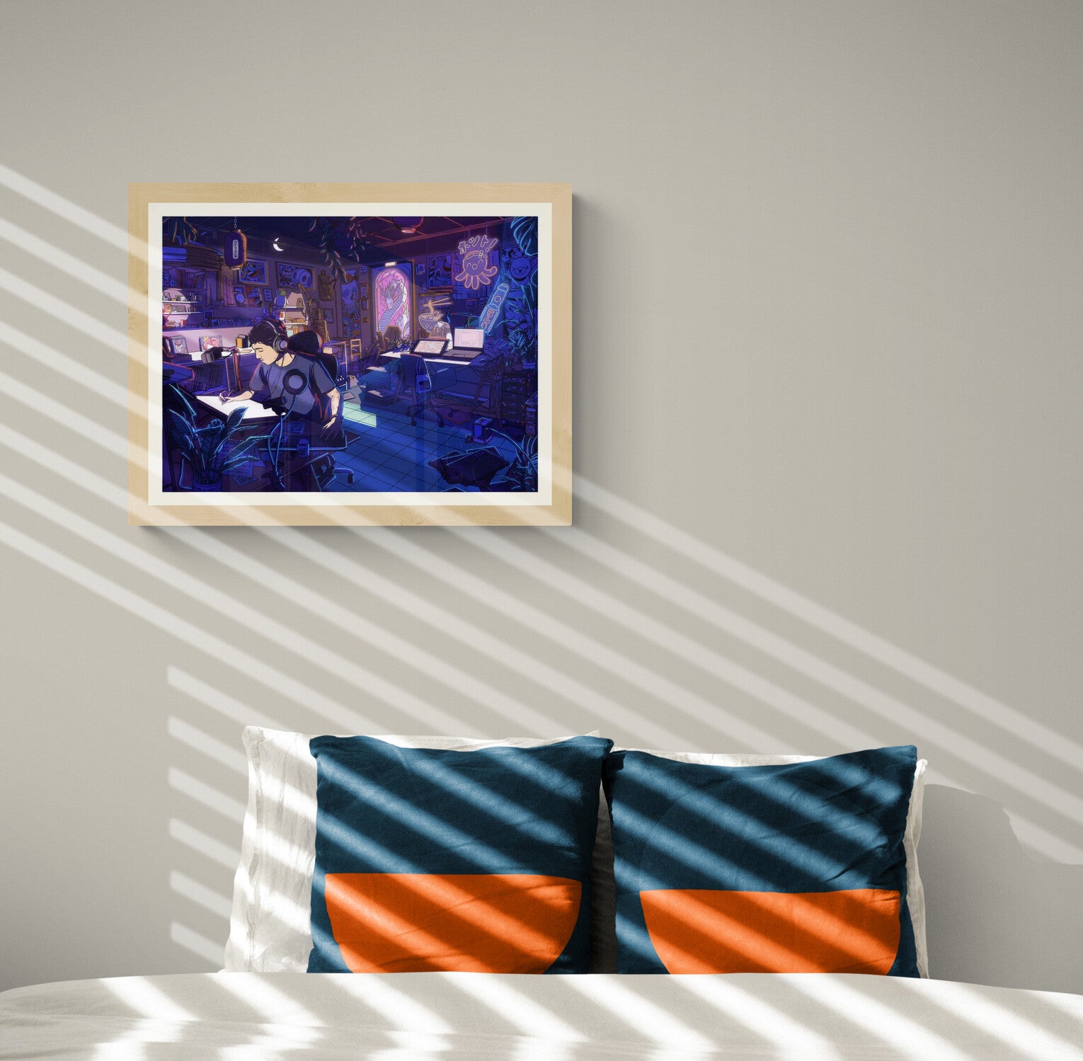 Neon anime style illustration of a creative artist working late at night in a detailed studio filled with glowing screens, Japanese pop culture elements, and retro gadgets, digital art print by Paiheme Studio